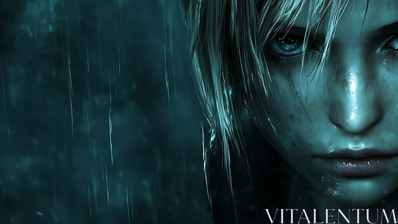 Rain-soaked cyber stare, where stormlight sharpens resolve.