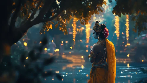 Divine figure in golden robes gazes over a lantern-lit river.