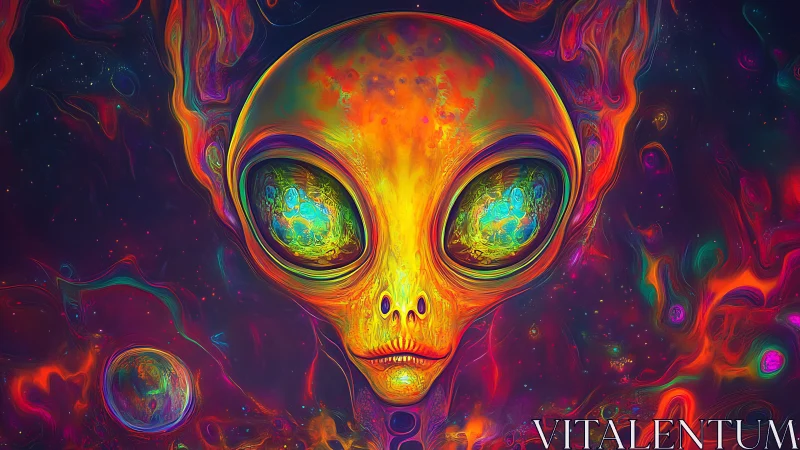 Cosmic alien gaze glows softly within swirling neon galaxies