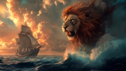 Storm-tossed ship confronts colossal roaring lion of clouds