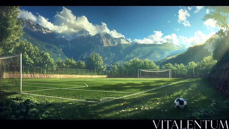 Sunlit mountain soccer field waiting for the next kickoff.