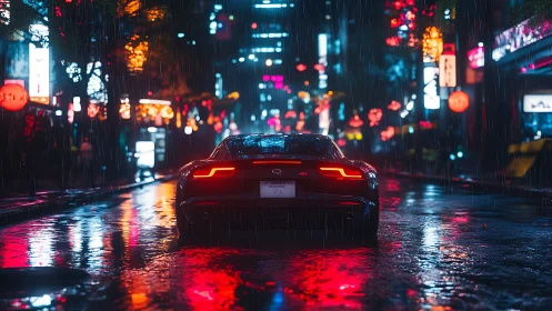 Sports car is stationary on wet neon street at night