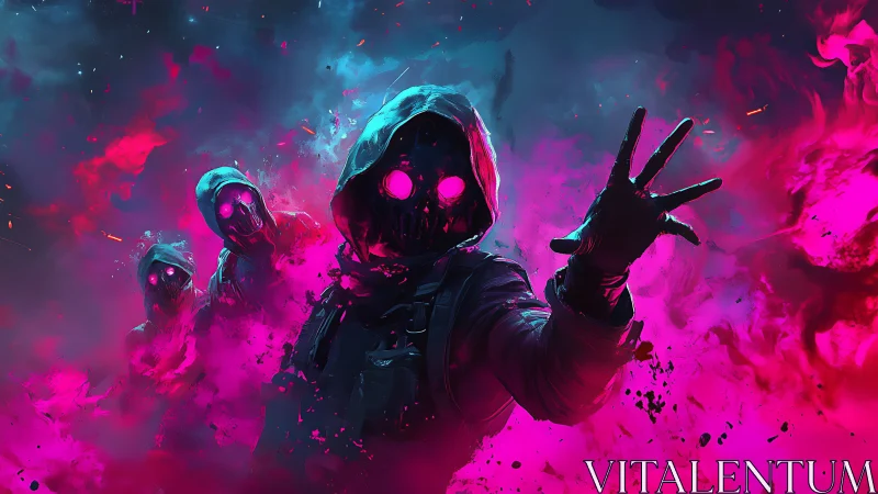 Neon masked figures stride through swirling pink and cyan mist