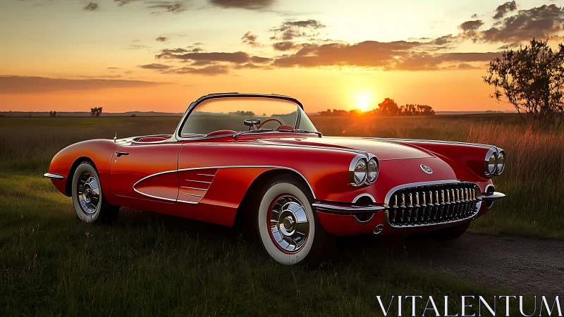 Red classic convertible parked in field at vivid sunset.