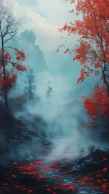 Misty ravine with cyan fog and crimson deciduous foliage at dawn