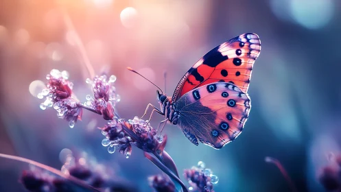 Radiant butterfly rests on dewy blossoms in dreamy light.
