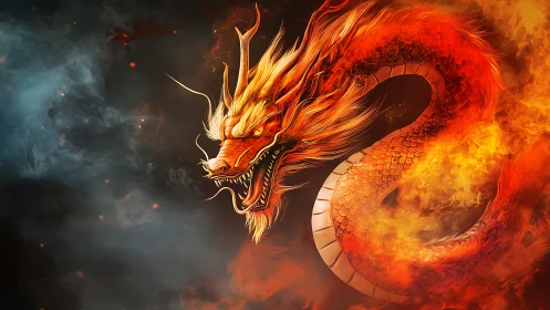 Infernal serpent coiled in blazing elemental firestorm.