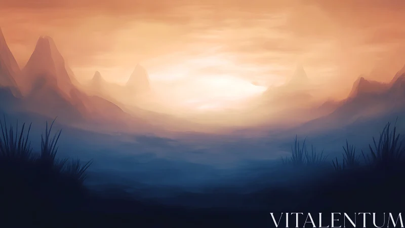 Ethereal sunrise over misty mountains in soft gradients.