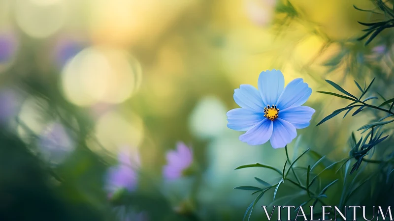 Blue wildflower in soft focus garden light background.