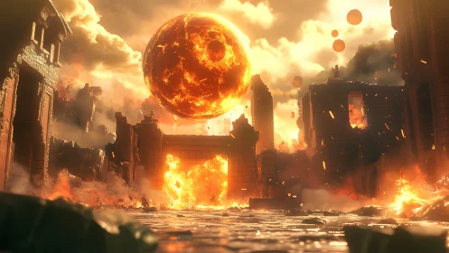Molten sun above ruined citadel in apocalyptic blaze.