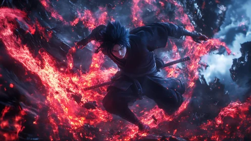 Dark anime swordsman leaps through swirling crimson fire.