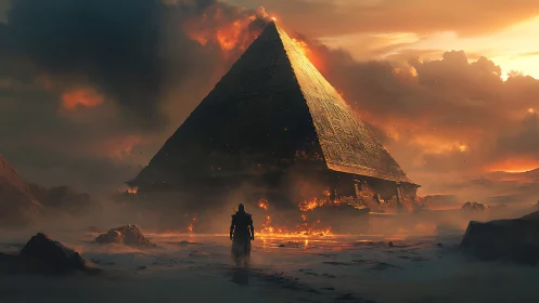 Burning pyramid dominates a stormy, apocalyptic desert horizon.