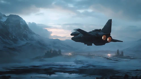 Stealth fighter crosses frozen valley at blue dusk light.