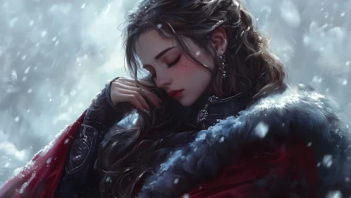 Snowbound warrior maiden resting beneath falling frost.