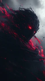 Shadow entity with glowing red eyes in stormy darkness.