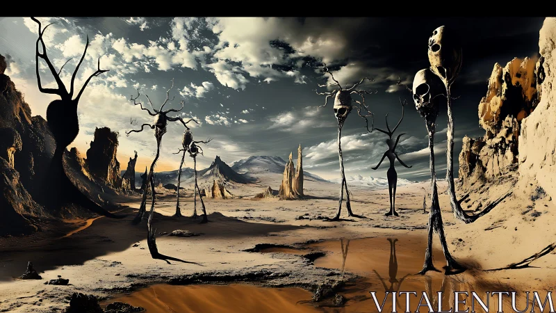 Desolate skeletal desert with towering surreal effigies.
