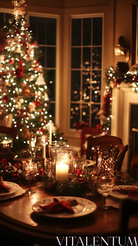 Low-light Christmas dining room with tree bokeh and candles