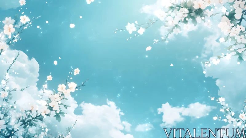 Blossoming branches against dreamy turquoise spring sky.