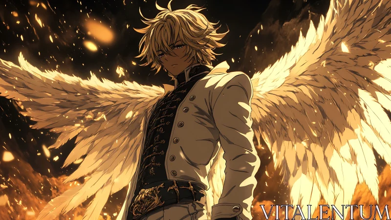 Golden-winged guardian rising from embers and twilight.