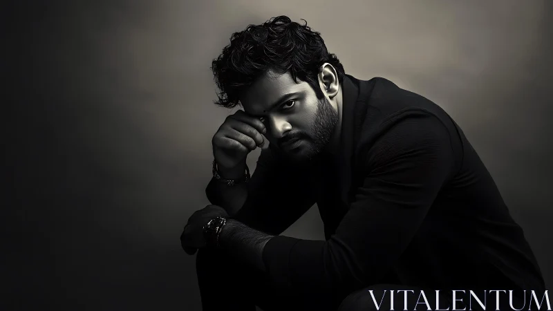 Moody monochrome male portrait with dramatic side lighting.