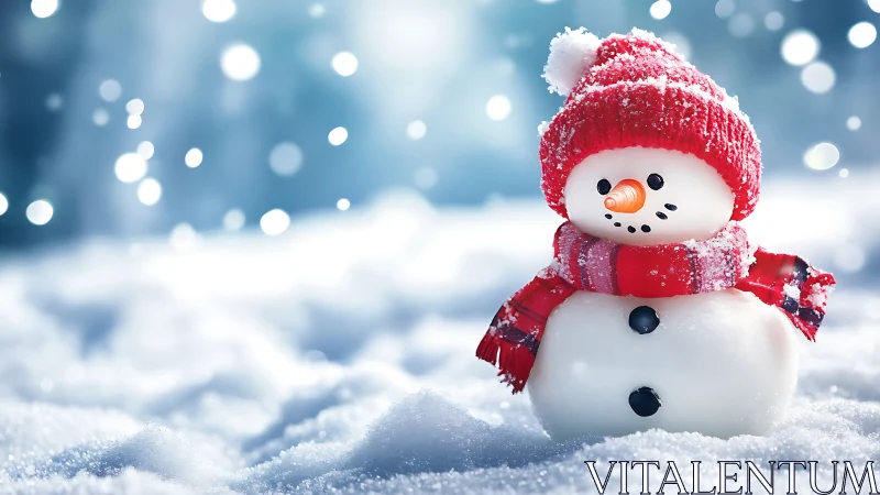 Cheerful snowman in red knit hat amid glittering snowfall.