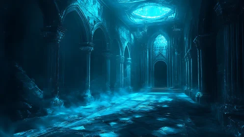 Moonlit ruins breathe cold light through a flooded nave