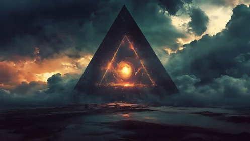 Triangular event-horizon portal framing a volatile cosmic core.