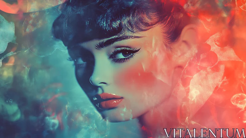 Dreamy neon portrait bathed in soft teal and coral light.