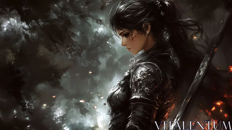 Warrior woman stands in embers and mist, lost in resolve