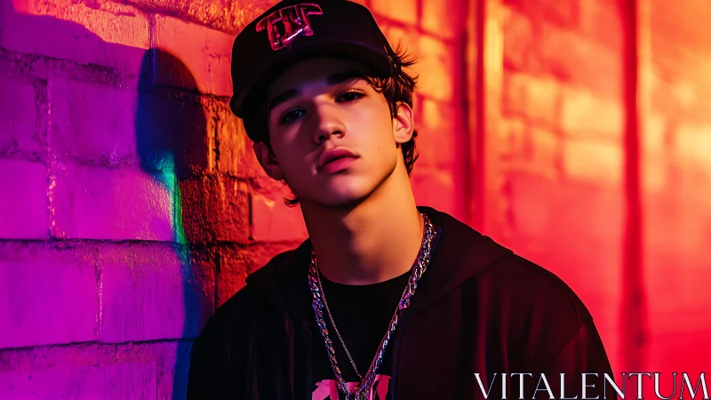 Urban teen in neon alleyway glows under vivid light.