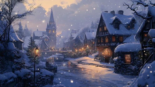 Snowy village street glows with warm evening lantern light.