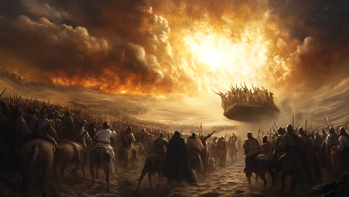 Sunlit war chariot descends over converging desert armies.