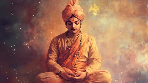 Saffron stillness and cosmic calm around a meditating sage.