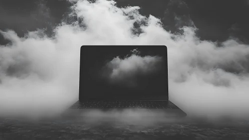 Laptop gently floating in dreamy monochrome clouds of mist.