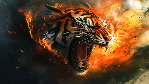 Explosive tiger portrait merges dynamic fire simulation and motion blur