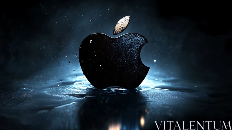 Gleaming apple logo rises from cool, cinematic water light