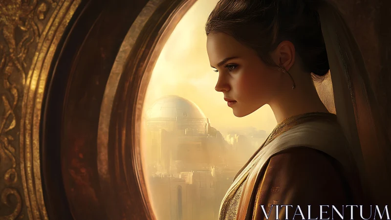 Regal maiden at sunlit portal above golden cityscape.