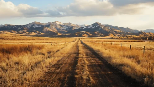 Endless dirt road kissing golden plains and distant peaks.
