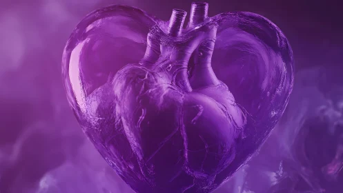 Anatomical Heart Encased in Purple Glass, Surreal Digital Art.