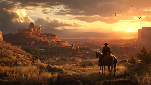 Rider observes expansive desert plateau at low sunset light