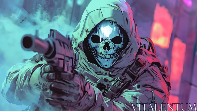 Hooded skull-masked tactical operator aiming rifle in neon haze