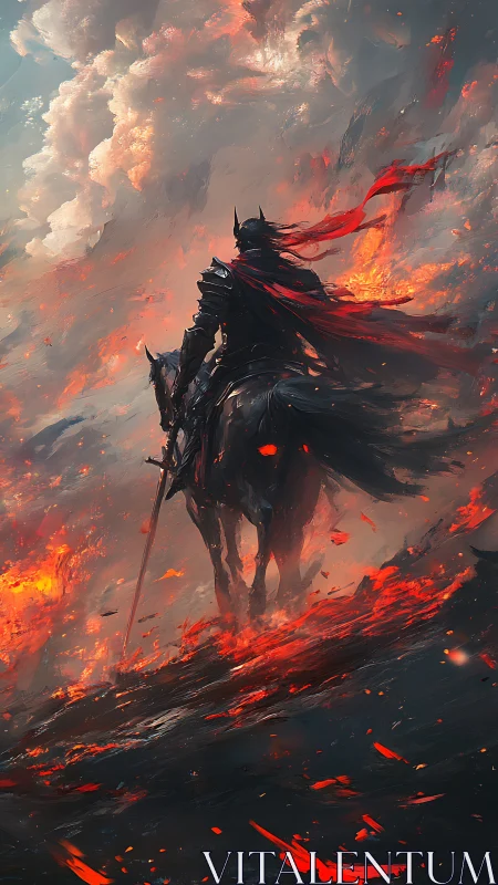 Digital painting of a dark knight rider in volcanic battlefield.