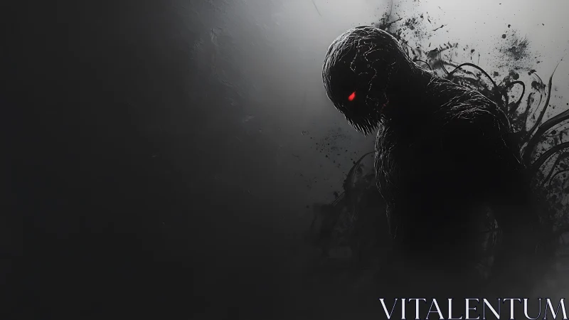 Shadow entity with red bioluminescent eyes in high contrast fog