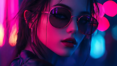 Portrait of woman in neon light with tinted sunglasses.