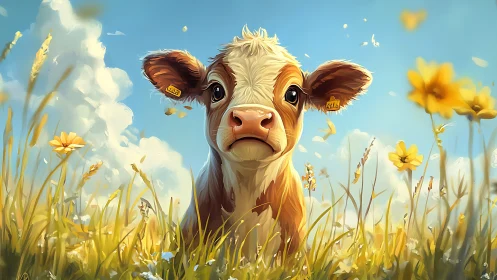 Curious calf standing in sunny wildflower meadow scene.