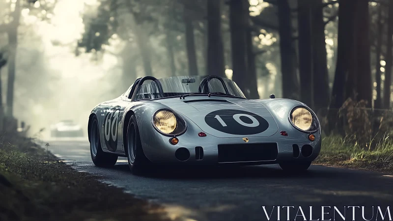 Vintage silver race car cutting through misty forest road.