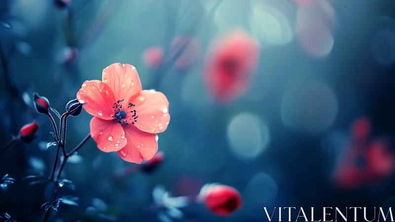 Coral Bloom Catches Rainfall Against Luminous Twilight