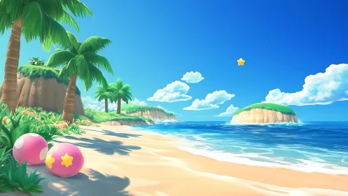 Tropical Paradise Where Whimsical Spheres Dance Beneath Golden Starlight