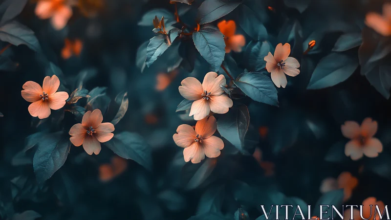 Peachy Flowers with Teal Foliage and Selective Focus