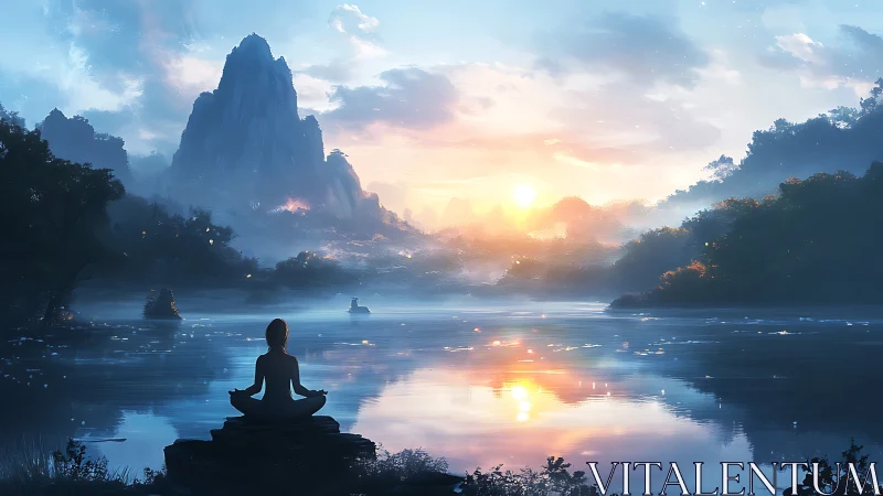 Digital painting of tranquil lakeside meditation at sunrise.